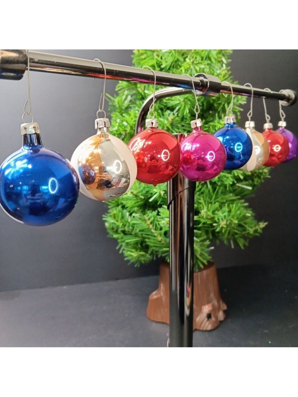 8 Polish Christmas Bauble Ornaments Glass Various Colors Vintage Poland Caps